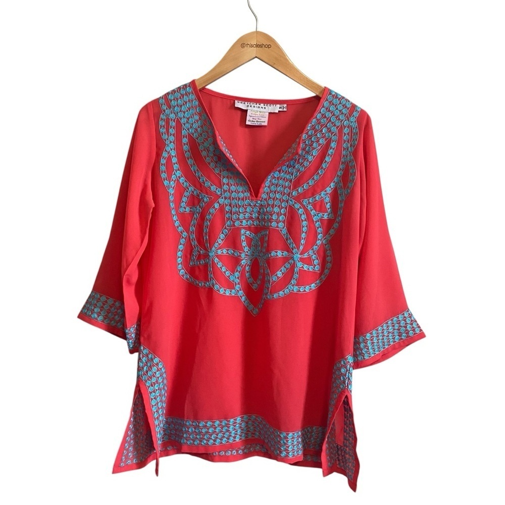 GRETCHEN SCOTT DESIGNS Red and Blue Split Neck 3/4 Sleeve Tunic Top Size Small